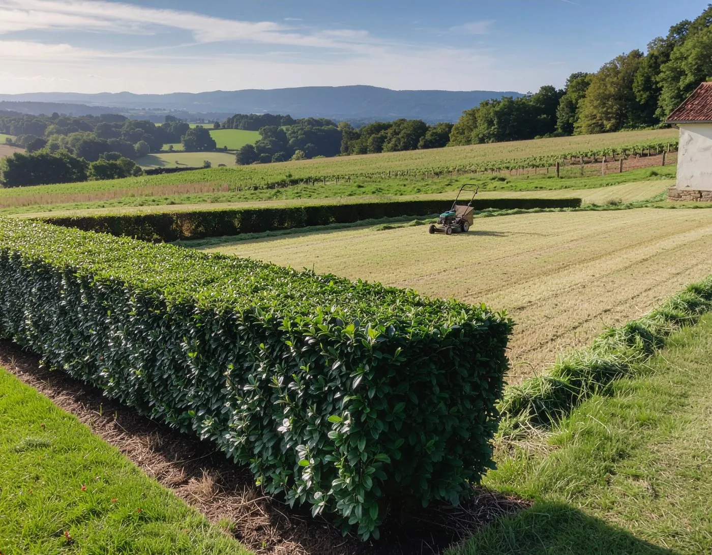 Haie taillée au carré, tondeuse sur l’herbe coupée